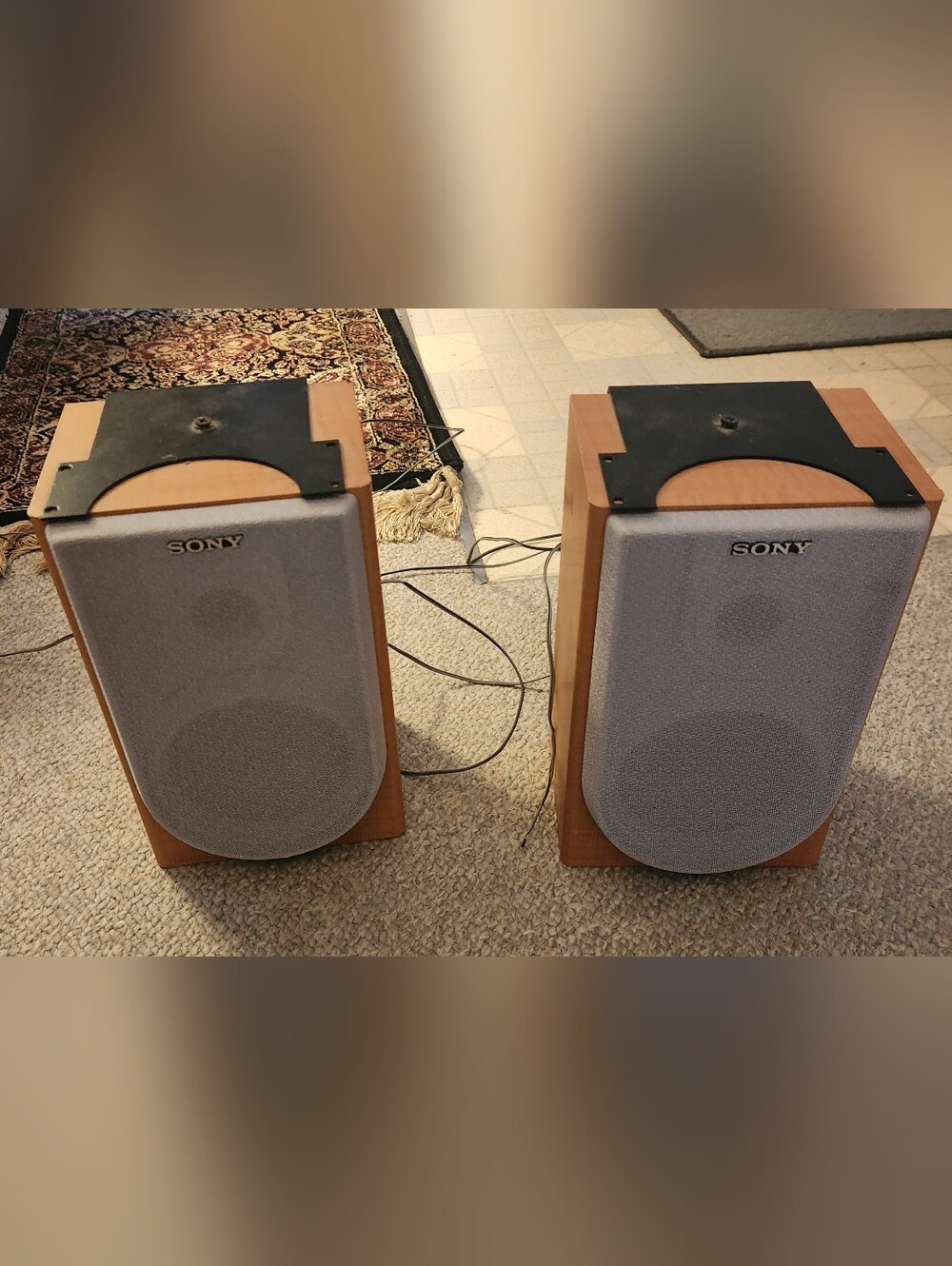 2 Sony Light Brown Wooden Bookshelf Speakers with Gray Grilles